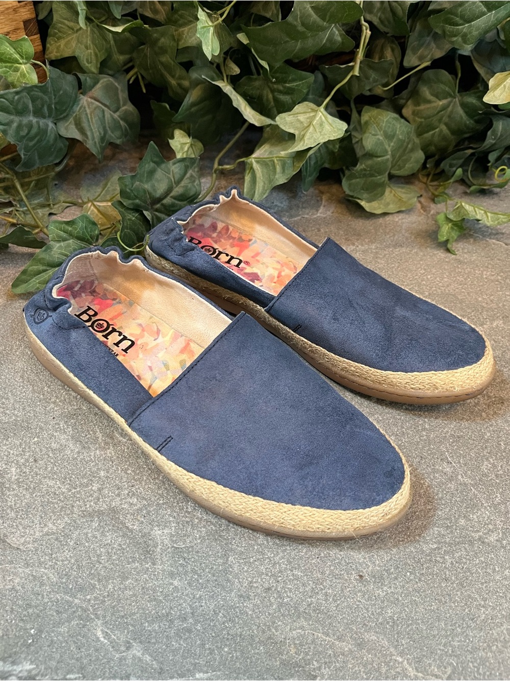 Born Castries Espadrille Flats Blue Suede Leather Comfort Women's Size 8.5M
